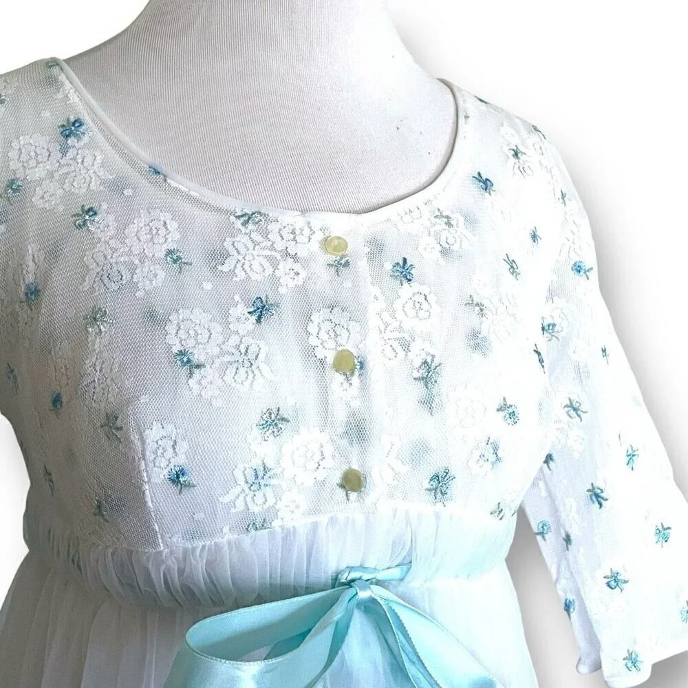 Vintage 1960s Miss Elaine Peignoir Set Sz P Petite White Blue Nylon Robe Gown